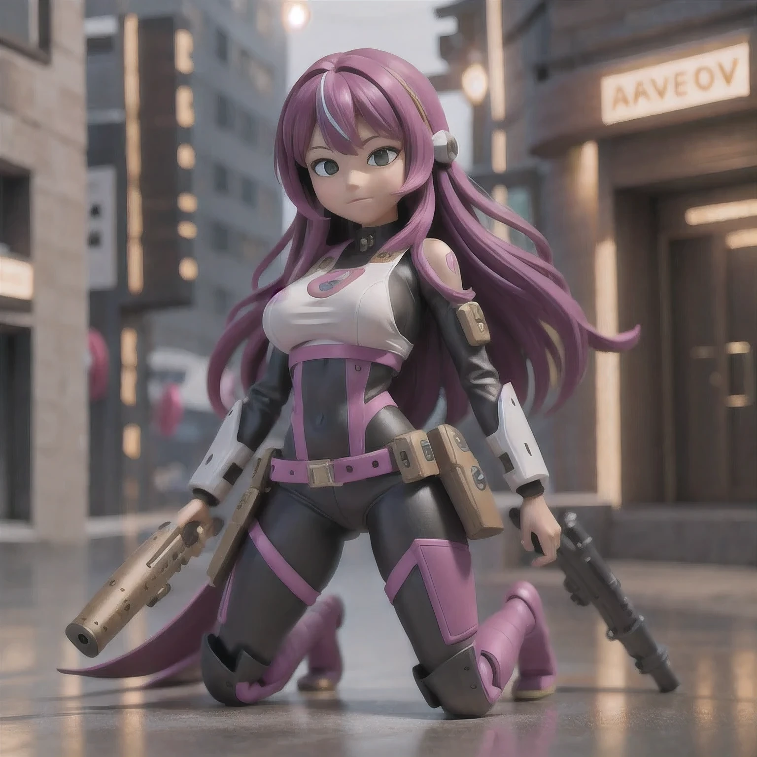 fish
1girl
bangs
blurry
blurry background
blurry foreground
breasts
brown eyes
closed mouth
depth of field
gun
long hair
looking at viewer
mecha
mole
motion blur
multicolored hair
pink hair
smile
solo
thigh strap