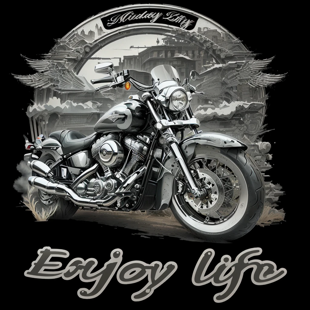 arafed image of a motorcycle with a rider on it, motorcycles, enjoy life!!! elegant, Harley Davidson, enjoy life to its fullest, biker, motorcycle, detailed work of art, great detail, liflike, motorbike, impressively, very detailed design, high detailed!!!, T-Shirt Design, motorbike, detailed digital artwork, Luxury lifestyle, into the glorious journey, very high detailed