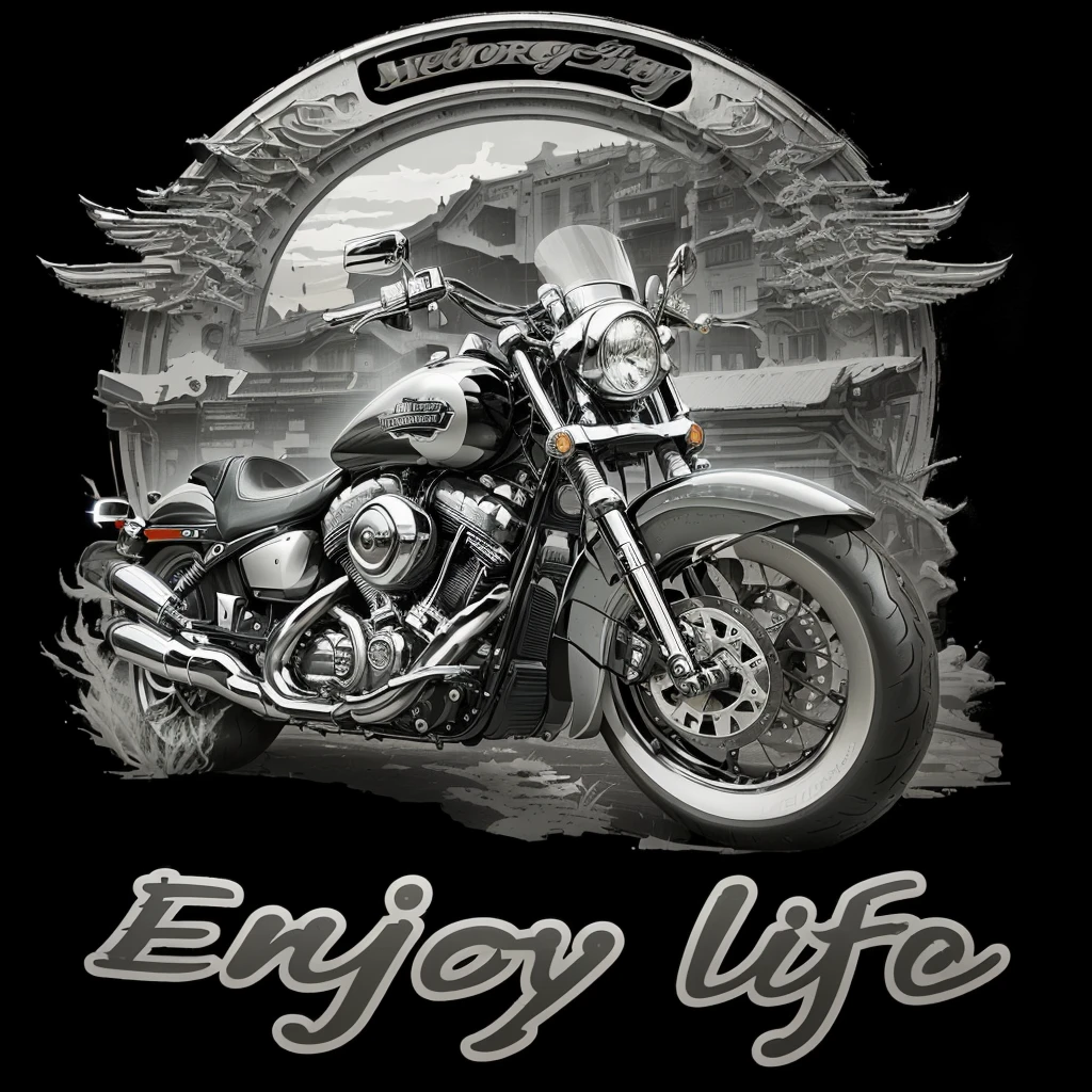 arafed image of a motorcycle with a rider on it, motorcycles, enjoy life!!! elegant, Harley Davidson, enjoy life to its fullest, biker, motorcycle, detailed work of art, great detail, liflike, motorbike, impressively, very detailed design, high detailed!!!, T-Shirt Design, motorbike, detailed digital artwork, Luxury lifestyle, into the glorious journey, very high detailed