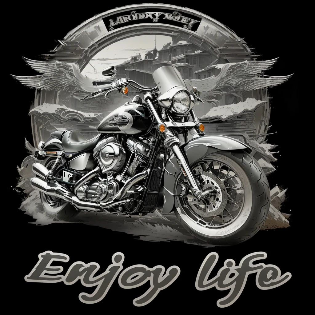 arafed image of a motorcycle with a rider on it, motorcycles, enjoy life!!! elegant, Harley Davidson, enjoy life to its fullest, biker, motorcycle, detailed work of art, great detail, liflike, motorbike, impressively, very detailed design, high detailed!!!, T-Shirt Design, motorbike, detailed digital artwork, Luxury lifestyle, into the glorious journey, very high detailed