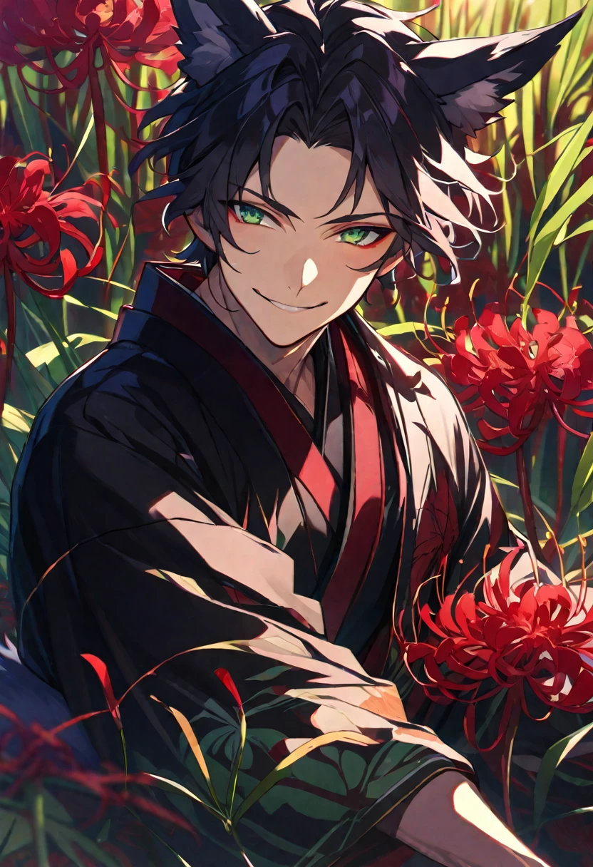 Solo, 1 male, messy black hair, green eyes, black kimono, fox ears, smile facial, red spider lily, higanbana,