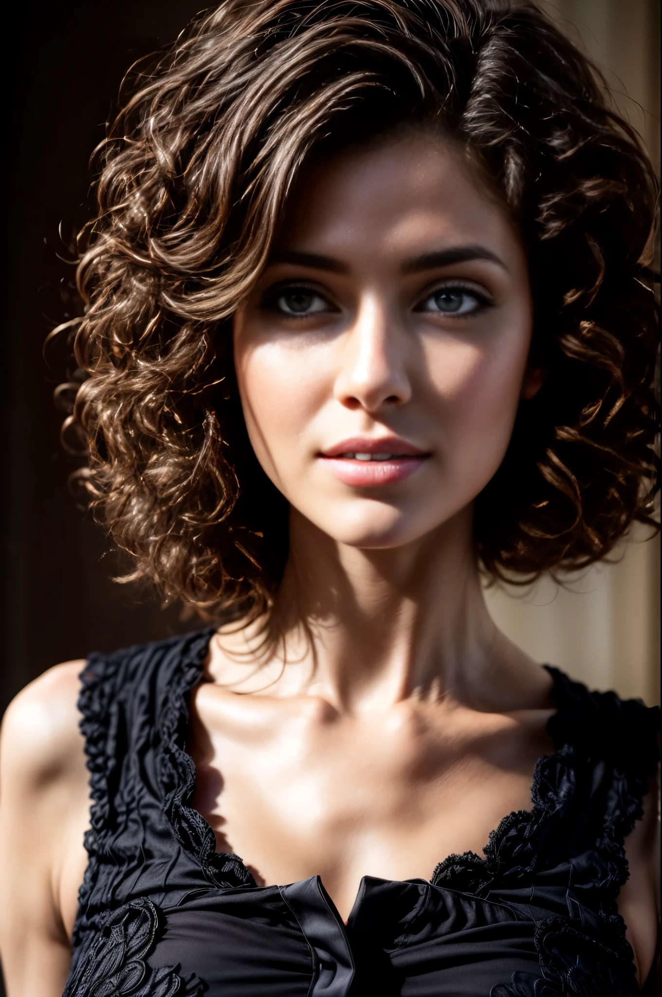 photorealistic micro-woman, mini-woman, tiny-woman, masterpiece, best quality, solo, long brown hair, detailed face, collared shirt, medium breasts, dynamic pose, looking at viewer, from below, detailed background, fine detailed, depth of field, Strikingly beautiful 24-year-old girl with stunning features, captured in exquisite detail with an 8k resolution. short hair frames her delicate face, revealing her highly detailed glossy eyes with double eyelids. Her skin is pale, smooth, and clean. The ornate embroidery patterns on the vest add a touch of elegance to her slender figure, emphasized by nicely shaped hands. allowing every intricate detail of the girl's features and attire to stand out. She is laying on a bed with pillows, her head propped up on one as she gazes directly at the camera with a seductive smile, glossy lips parted slightly, expressive eyes shining bright. focus is sharp, enhancing the realism of the image, gorgeous figure and enchanting presence to its fullest extent, perfect detailed face, full glossy lips, detailed eyes, detailed nose, detailed teeth. [The character is surrounded by mist, evoking a mysterious and eerie atmosphere. The lighting is dark and atmospheric, with smoke adding a touch of sinister ambiance. Best quality image, HDR enhancement, showcasing the utmost level of detail and realism, full body shot:1.5]. [8K, Best Quality, Ultra High Resolution, (highly detailed CG unity 8k wallpaper), (best photo), (best shadows), isometric 3D, octane rendering, ray tracing, highly detailed, (Best quality, 4K, 8k:1.2), absurdity, ultra detailed, (realistic, photorealistic, photorealistic:1.37), complex parts, HDR, (complex parts:1.12), (hyper detailed, hyper realistic, Soft lighting, spicy:1.2), (complex parts, Hyper detailed:1.15). Blurred foreground. (backlit), masterpiece, high quality, brightness, chromatic aberration, foggy smoke, shadows, ontrast, clear sky, (warm hue, warm tone), high details, natural reflections].