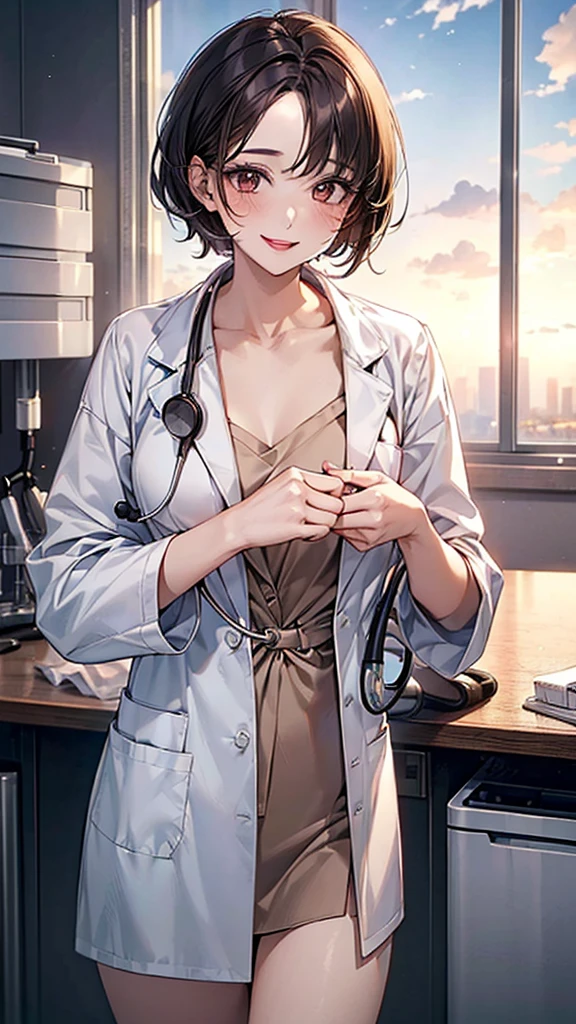 ((masterpiece, best quality, high quality)),1 girl, (Lower Body, hospital), (doctor_, lab coat, stethoscope, doctor),breast,Lipstick,Smile,Brown eyes,Black short hair,There is no sea left in front of the forehead