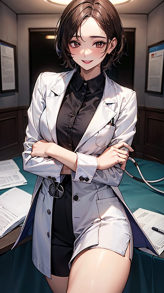 ((masterpiece, best quality, high quality)),1 girl, (Lower Body, hospital), (doctor_, lab coat, stethoscope, doctor),breast,Lipstick,Smile,Brown eyes,Black short hair,There is no sea left in front of the forehead