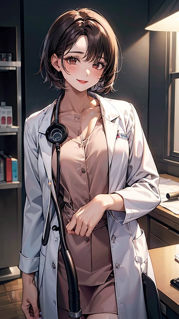((masterpiece, best quality, high quality)),1 girl, (Lower Body, hospital), (doctor_, lab coat, stethoscope, doctor),breast,Lipstick,Smile,Brown eyes,Black short hair,There is no sea left in front of the forehead
