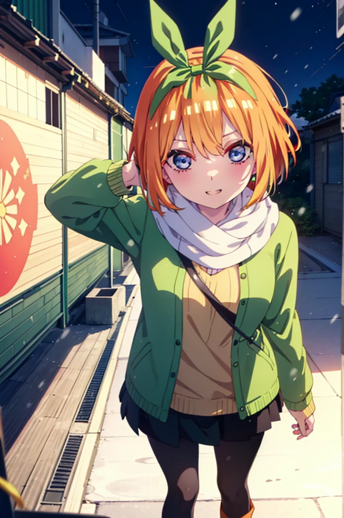 Yotsubanakano, Yotsuba Nakano, bangs, short hair, blue eyes, Hair between the eyes, hair ribbon, hair band, Orange Hair, (Green ribbon:1.5), smile, Grin,Green long coat,V-neck sweater,White scarf,Long skirt,Black pantyhose,short boots,It&#39;s snowing,Snow is piled up,Walking,whole bodyがイラストに入るように,
break ourdoors, Snow Country,
break looking at viewer, whole body,
break (masterpiece:1.2), Highest quality, High resolution, unity 8k wallpaper, (figure:0.8), (Beautiful attention to detail:1.6), Highly detailed face, Perfect lighting, Highly detailed CG, (Perfect hands, Perfect Anatomy),