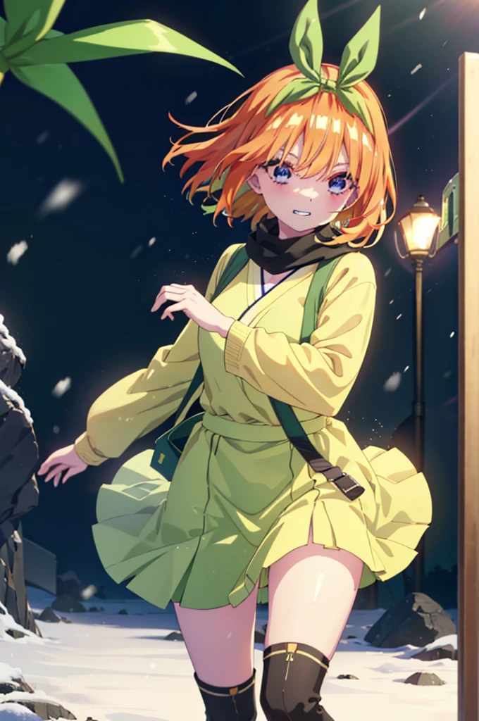 Yotsubanakano, Yotsuba Nakano, bangs, short hair, blue eyes, Hair between the eyes, hair ribbon, hair band, Orange Hair, (Green ribbon:1.5), smile, Grin,Green long coat,V-neck sweater,White scarf,Long skirt,Black pantyhose,short boots,It's snowing,Snow is piled up,Walking,whole bodyがイラストに入るように,
break ourdoors, Snow Country,
break looking at viewer, whole body,
break (masterpiece:1.2), Highest quality, High resolution, unity 8k wallpaper, (figure:0.8), (Beautiful attention to detail:1.6), Highly detailed face, Perfect lighting, Highly detailed CG, (Perfect hands, Perfect Anatomy),