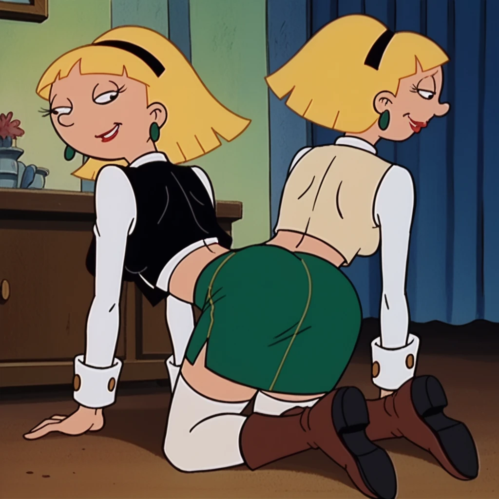 olga pataki, white shirt, back vest, midriff, long sleeves, green skirt, white thighhighs, black hairband, blonde, short hair, earrings, retro style, kneeling, smile, lipstick, on all fours, half-closed eyes, anal, brown boots, back