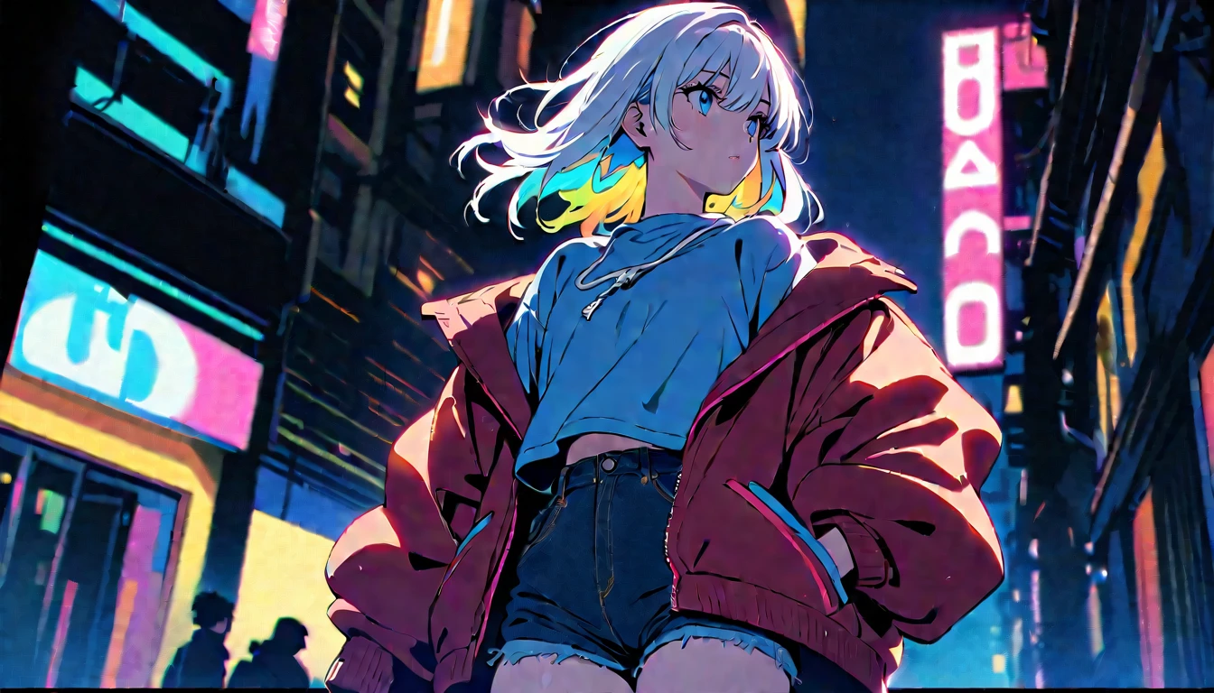 HD 8k Handsome sexy cute, Solitary, 1 female, Medium Length Hair, white hair, Rainbow hair, blue Eyes, looking away,Rainbow headphone, hoodie, colored hoodie, denim shorts, sneakers, Human focus, outdoor, blue night sky, background is 1980's Japanese NEON Tokyo,