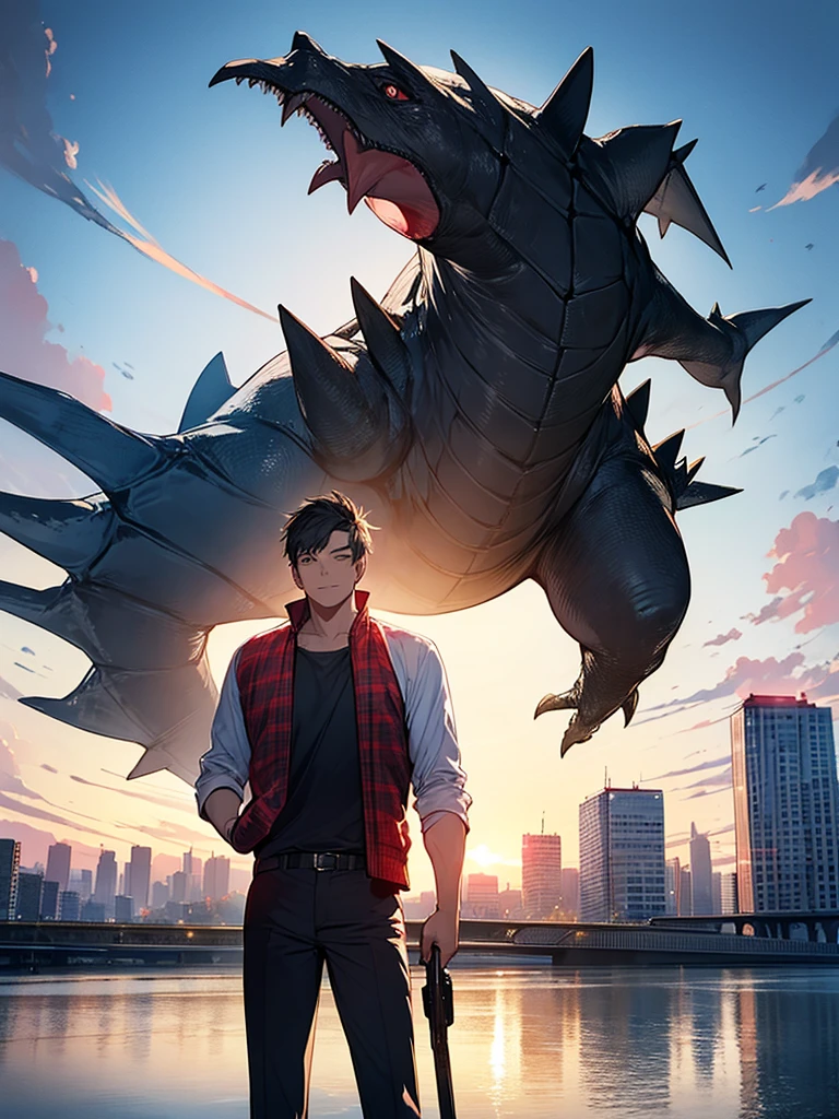 28-year-old man、Professional photographer、Holding Gamera with the downtown area in the background