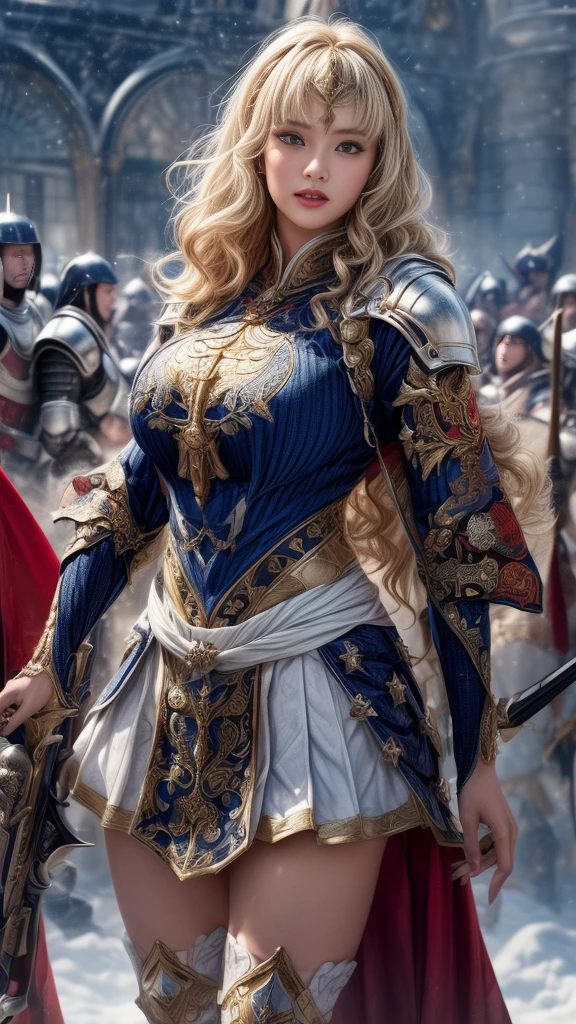 Very beautiful woman、Slender women、(Detailed face)、Realistic Skin、((Holy Knight)), ((Pearl White Armor))、((((A black armor with extremely detailed and intricate decoration.:1.1))))、((Delicate photo)),(Girl Astepeace RAW Photo Details:1.25), (Highest quality:1.6), (Ultra-high resolution:1.5), (Realistic:1.75), 8K resolution, Canon EOS R5, 50mm, Absurd, Super detailed,Cinema Lighting,((Fightfield))、((Fight))、(((White skirt with embellishments)))、Thigh-high socks、Shingard、((blonde))、((Curly Hair))、((Drill Hair))、((Short hair with bangs and wavy hair,))、Get a six pack、Cape、Beautiful Armor、(((Has a huge weapon)))、(In combat)、The wind is blowing、((Symmetrical armor))、((((Blizzard))))、(((Lead a large group of knights:1.2)))、banner、(((Battle Scenes)))、((Browsing Caution:1.2))、(((pocket)))