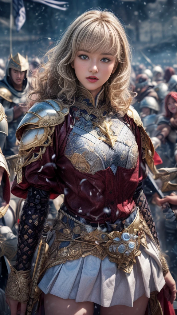 Very beautiful woman、Slender women、(Detailed face)、Realistic Skin、((Holy Knight)), ((Pearl White Armor))、((((A black armor with extremely detailed and intricate decoration.:1.1))))、((Delicate photo)),(Girl Astepeace RAW Photo Details:1.25), (Highest quality:1.6), (Ultra-high resolution:1.5), (Realistic:1.75), 8K resolution, Canon EOS R5, 50mm, Absurd, Super detailed,Cinema Lighting,((Fightfield))、((Fight))、(((White skirt with embellishments)))、Thigh-high socks、Shingard、((blonde))、((Curly Hair))、((Drill Hair))、((Short hair with bangs and wavy hair,))、Get a six pack、Cape、Beautiful Armor、(((Has a huge weapon)))、(In combat)、The wind is blowing、((Symmetrical armor))、((((Blizzard))))、(((Lead a large group of knights:1.2)))、banner、(((Battle Scenes)))、((Browsing Caution:1.2))、(((pocket)))