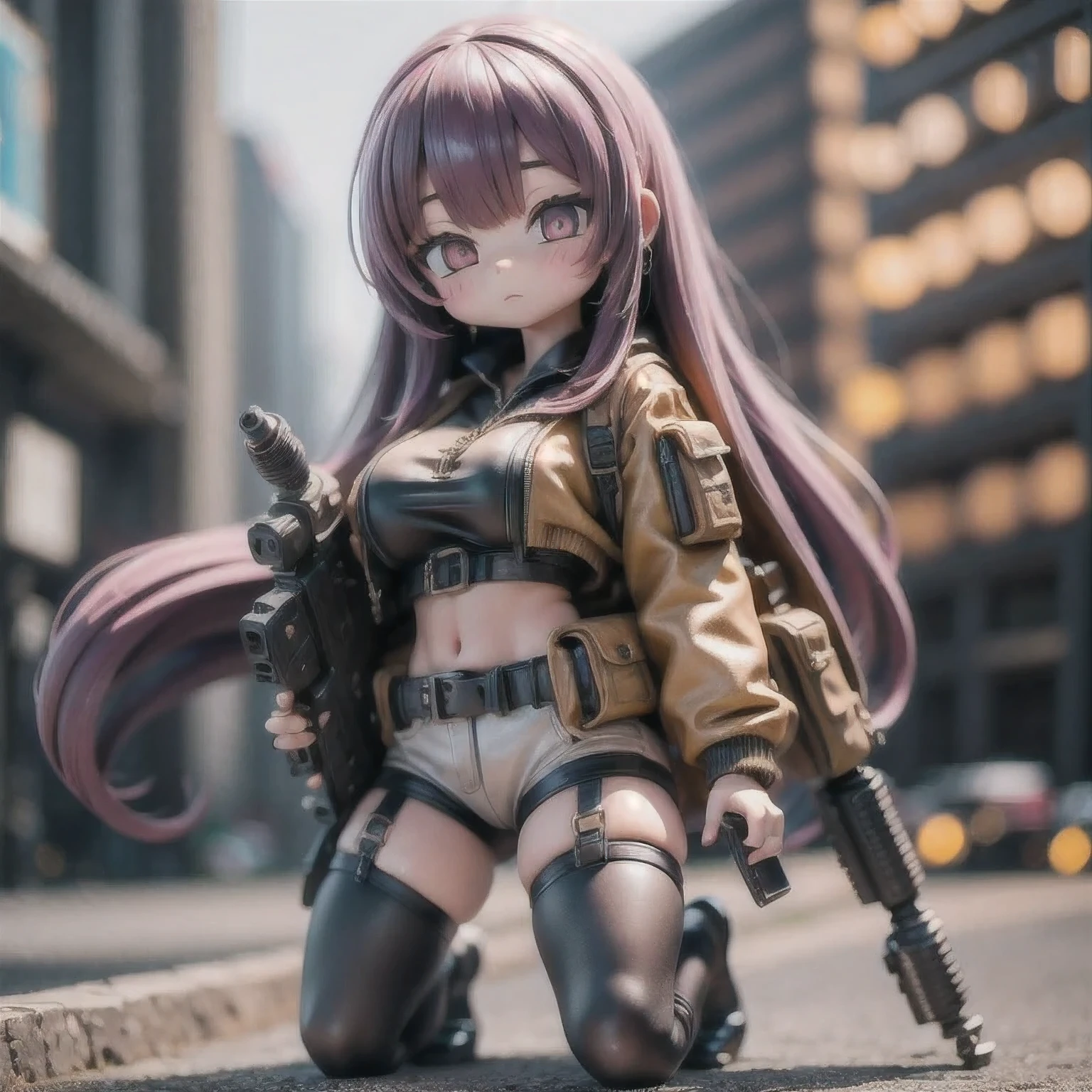 fish
1girl
bangs
blurry
blurry background
blurry foreground
breasts
brown eyes
closed mouth
depth of field
gun
long hair
looking at viewer
mecha
mole
motion blur
multicolored hair
pink hair
smile
solo
thigh strap