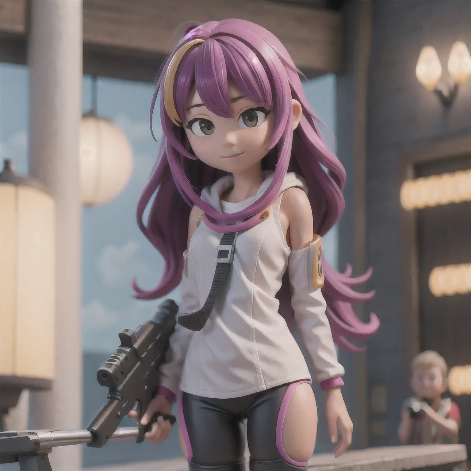 fish
1girl
bangs
blurry
blurry background
blurry foreground
breasts
brown eyes
closed mouth
depth of field
gun
long hair
looking at viewer
mecha
mole
motion blur
multicolored hair
pink hair
smile
solo
thigh strap