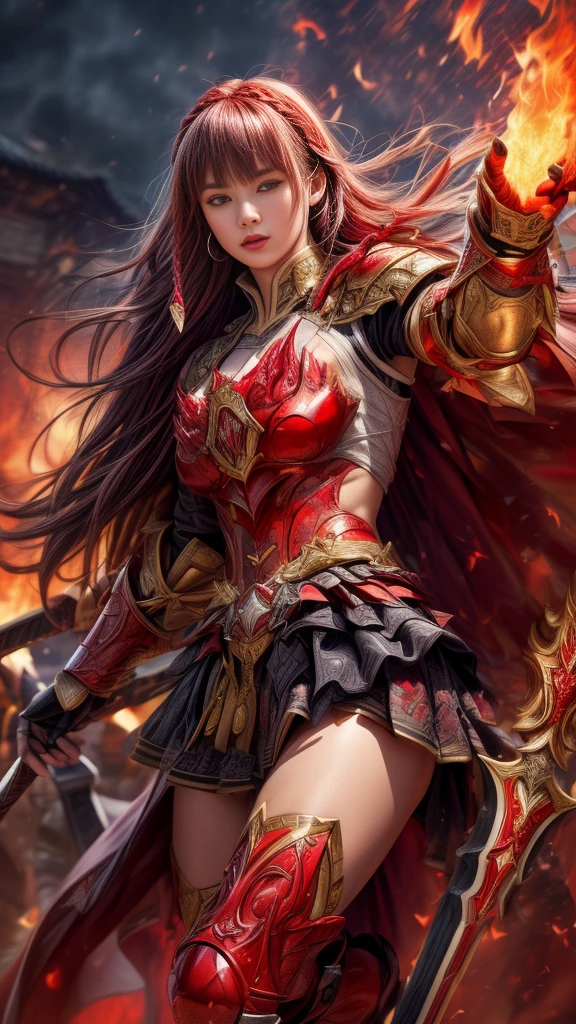 Very beautiful woman、Slender women、(Detailed face)、Realistic Skin、((Knight of Fire)), (((Red Armor:1.25)))、((((A black armor with extremely detailed and intricate decoration.))))、((Delicate photo))，(Girl Astepeace RAW Photo Details:1.25), (Highest quality:1.6), (Ultra-high resolution:1.5), (Realistic:1.75), 8K resolution, Canon EOS R5, 50mm, Absurd, Super detailed,Cinema Lighting,Battlefields of Medieval Europe、((Fight))、RPG World、Final Fantasy、(((Decorative skirt)))、Thigh-high socks、Shingard、night、Pink Hair、((Bangs are too long))、((Long, thick, dark red braids))、Get a six pack、Torn Cloak、Beautiful Armor、(((Giant Sword)))、In combat、The wind is blowing、(((Flames covering the area)))、(((Leading a large group of red knights)))、(((Knight Commander)))、Armor with a phoenix motif、Old scar on right cheek:1.2、((flames of fire))、(((Battle Scenes)))、((Browsing Caution:1.2))、(((I can see her panties:1.4)))、、((Skirt lift in the wind))