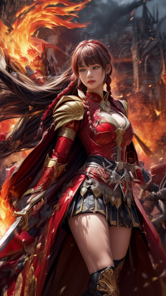 Very beautiful woman、Slender women、(Detailed face)、Realistic Skin、((Knight of Fire)), (((Red Armor:1.25)))、((((A black armor with extremely detailed and intricate decoration.))))、((Delicate photo))，(Girl Astepeace RAW Photo Details:1.25), (Highest quality:1.6), (Ultra-high resolution:1.5), (Realistic:1.75), 8K resolution, Canon EOS R5, 50mm, Absurd, Super detailed,Cinema Lighting,Battlefields of Medieval Europe、((Fight))、RPG World、Final Fantasy、(((Decorative skirt)))、Thigh-high socks、Shingard、night、Pink Hair、((Bangs are too long))、((Long, thick pink braids))、Get a six pack、Torn Cloak、Beautiful Armor、(((Giant Sword)))、In combat、The wind is blowing、(((Flames covering the area)))、(((Leading a large group of red knights)))、(((Knight Commander)))、Armor with a phoenix motif、((flames of fire))、(((Battle Scenes)))、((Browsing Caution:1.2))、(((pocket)))