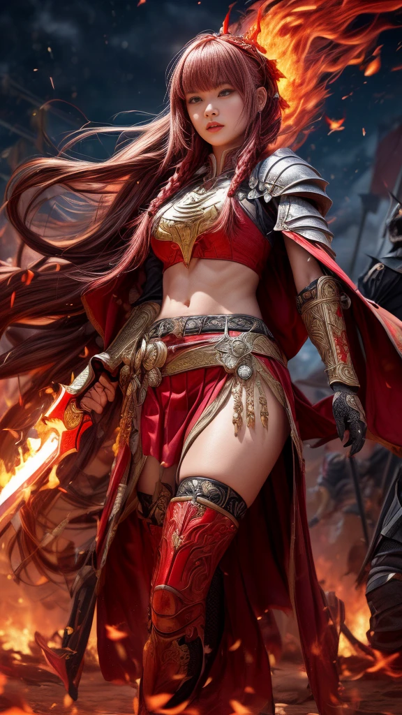 Very beautiful woman、Slender women、(Detailed face)、Realistic Skin、((Knight of Fire)), (((Red Armor:1.25)))、((((A black armor with extremely detailed and intricate decoration.))))、((Delicate photo))，(Girl Astepeace RAW Photo Details:1.25), (Highest quality:1.6), (Ultra-high resolution:1.5), (Realistic:1.75), 8K resolution, Canon EOS R5, 50mm, Absurd, Super detailed,Cinema Lighting,Battlefields of Medieval Europe、((Fight))、RPG World、Final Fantasy、(((Decorative skirt)))、Thigh-high socks、Shingard、night、Pink Hair、((Bangs are too long))、((Long, thick pink braids))、Get a six pack、Torn Cloak、Beautiful Armor、(((Giant Sword)))、In combat、The wind is blowing、(((Flames covering the area)))、(((Leading a large group of red knights)))、(((Knight Commander)))、Armor with a phoenix motif、((flames of fire))、(((Battle Scenes)))、((Browsing Caution:1.2))、(((I can see her panties:1.4)))、、((Skirt lift in the wind))