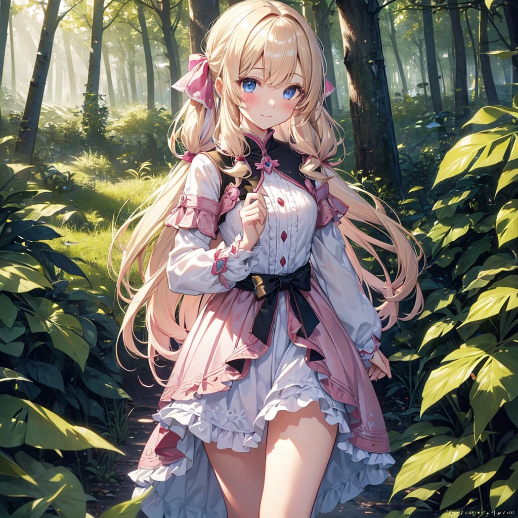 finely detailed beautiful girl, detailed 16k best quality, shiny hair, ultra-detailed beautiful shiny highlight clear eyes focus, A girl in pink armor、Blushing、Blonde、Twin tails、Blue Eyes、laughing、Walking in the forest、