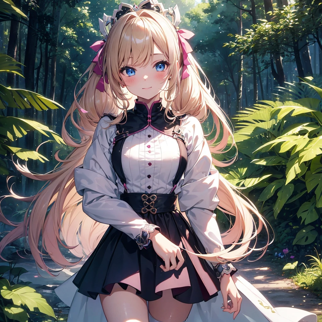 finely detailed beautiful girl, detailed 16k best quality, shiny hair, ultra-detailed beautiful shiny highlight clear eyes focus, A girl in pink armor、Blushing、Blonde、Twin tails、Blue Eyes、laughing、Walking in the forest、