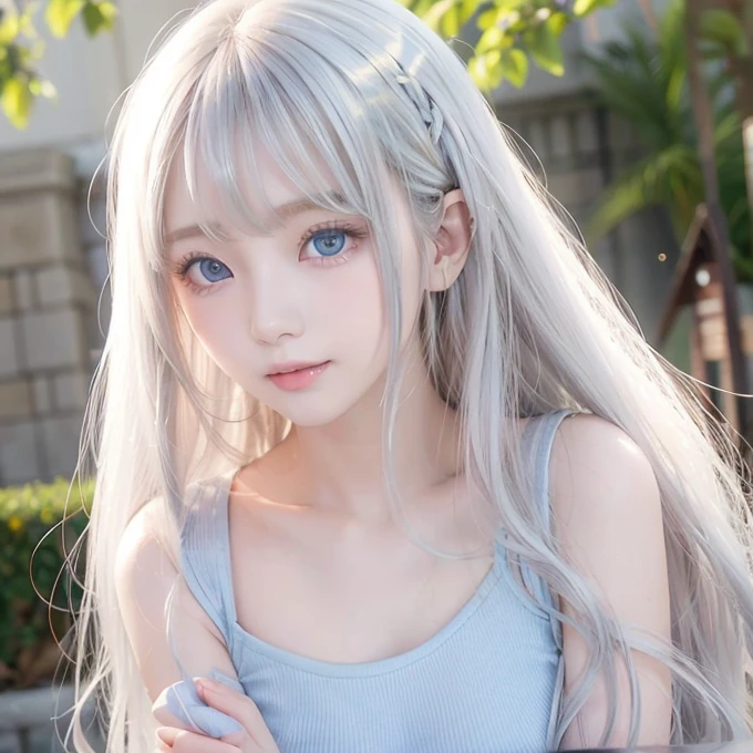 silver shiny hair、Super long straight silky hair、Dazzling blonde super long silky hair、16 years old cute little beautiful face、A beautiful girl、Sparkling blonde dancing in front of a pretty face、Long, silky bangs that cover the space between the eyes、Very beautiful, bright, large, light blue eyes、Very big eyes、Hair that hides the face、Sexy pretty young woman with super long bangs、Very white skin、Cheek gloss highlighter、Small Face Beauty、Round face、Cute Shirts、Ample Bust, embarrassed face、Skinny jeans and t-shirt、Smiling Face、One piece dress and straw hat