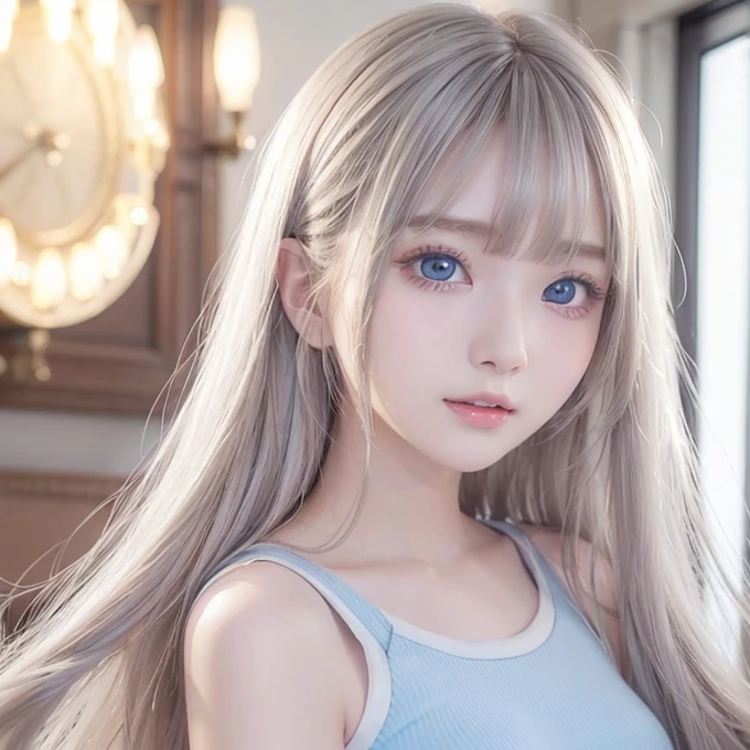 silver shiny hair、Super long straight silky hair、Dazzling blonde super long silky hair、 cute little beautiful face、A beautiful girl、Sparkling blonde dancing in front of a pretty face、Long, silky bangs that cover the space between the eyes、Very beautiful, bright, large, light blue eyes、Very big eyes、Hair that hides the face、Sexy pretty young woman with super long bangs、Very white skin、Cheek gloss highlighter、Small Face Beauty、Round face、Cute Shirts、Ample Bust, embarrassed face、Skinny jeans and t-shirt、Smiling Face、One piece dress and straw hat