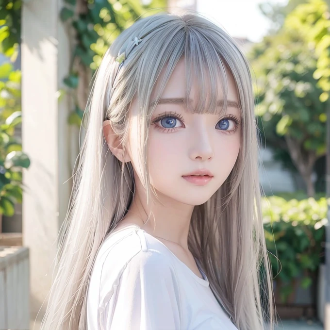 silver shiny hair、Super long straight silky hair、Dazzling blonde super long silky hair、 cute little beautiful face、A beautiful girl、Sparkling blonde dancing in front of a pretty face、Long, silky bangs that cover the space between the eyes、Very beautiful, bright, large, light blue eyes、Very big eyes、Hair that hides the face、Sexy pretty young woman with super long bangs、Very white skin、Cheek gloss highlighter、Small Face Beauty、Round face、Cute Shirts、Ample Bust, embarrassed face、Skinny jeans and t-shirt、Smiling Face、One piece dress and straw hat