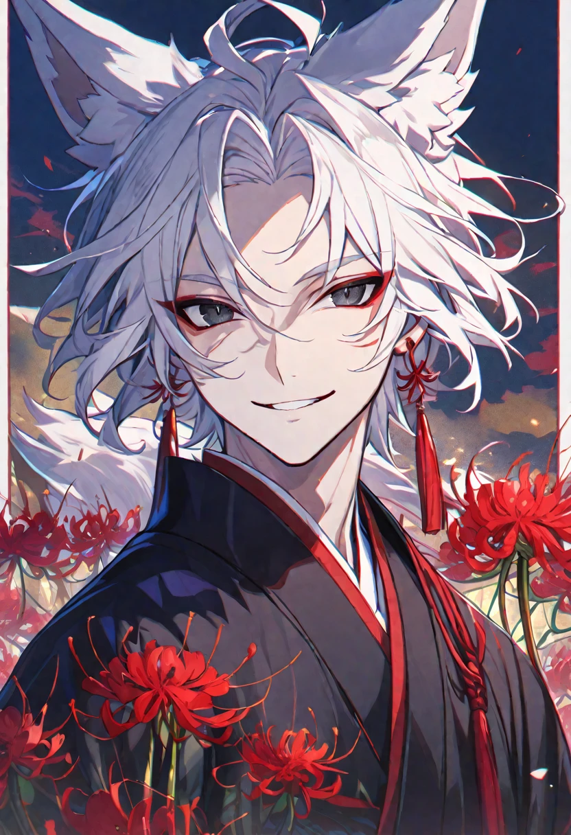 Solo, 1 male, white hair, black eyes, black kimono, fox ears, smile facial, red spider lily, higanbana, red tassel earrings