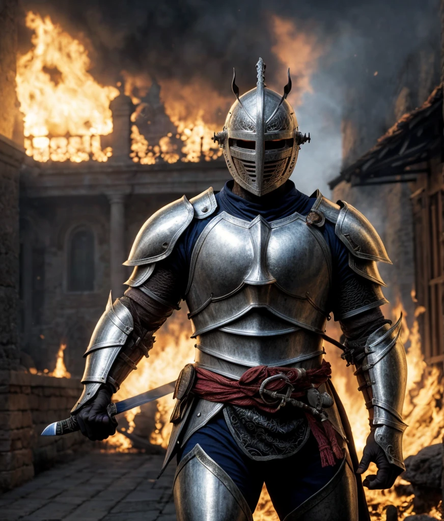 Realistic detailed photograph (italian man), emb3r4rmor, wearing embers knight armor, burning, glowing, dynamic pose, fighting stance, fantasy city background, holding sword,, best quality, masterpiece, highly detailed, realistic, (detailed background), depth of field, soft focus, intricate details, 8k, cartoon, 3d, unreal engine 5, photo of a man,, 