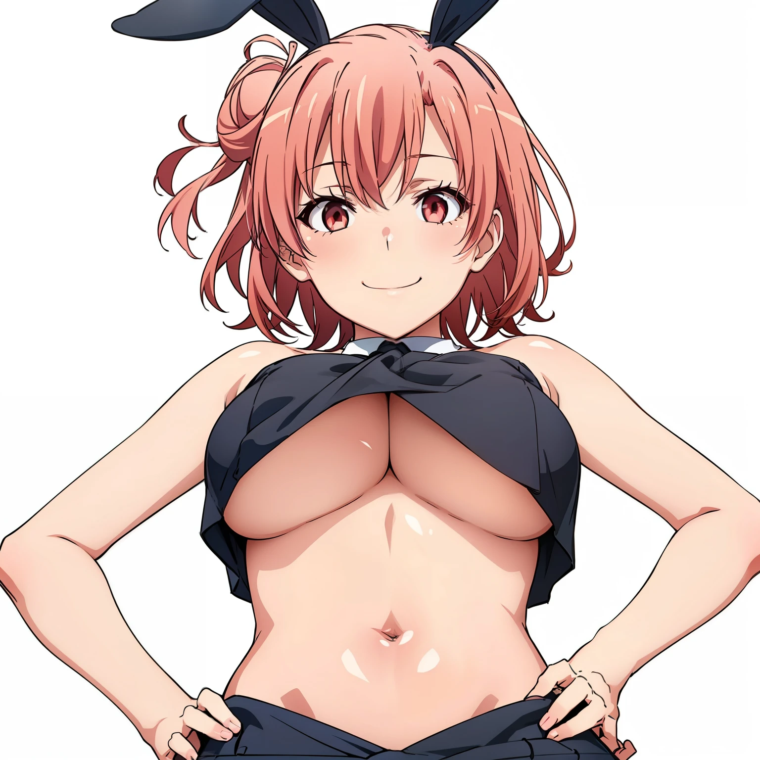 ((masutepiece, Best Quality, hight resolution, nffsw, Perfect Pixel, depth of fields, 4K, )), 1girl in, Solo, , Beautiful anime girl, Beautiful Art Style, close up, Looking down at Viewer, shot from the waist up, Perfect body, Yuigahama Yui, Short hair, pink hair, hairbun, (large boob), black playboy bunny outfit, smile, hands on hips, blank white background