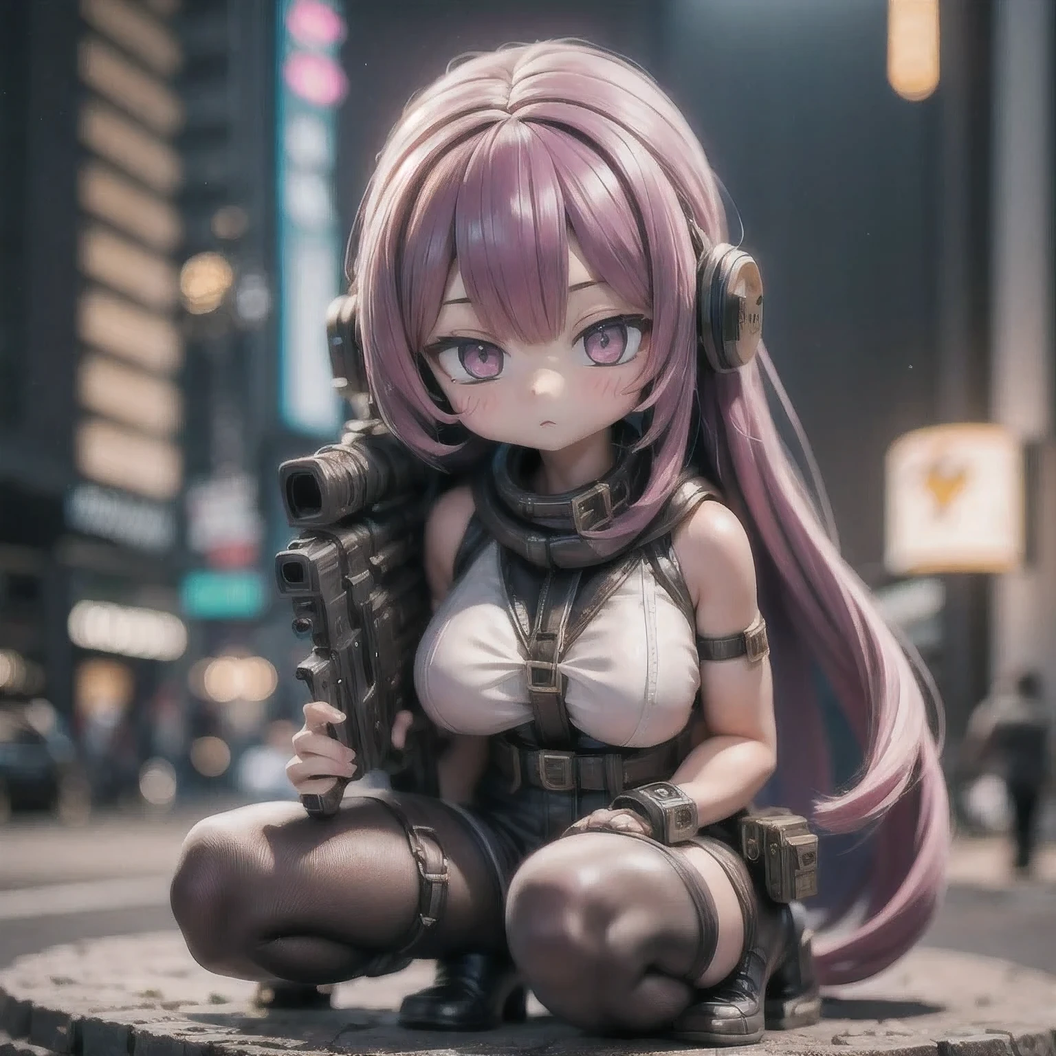 fish
1girl
bangs
blurry
blurry background
blurry foreground
breasts
brown eyes
closed mouth
depth of field
gun
long hair
looking at viewer
mecha
mole
motion blur
multicolored hair
pink hair
smile
solo
thigh strap