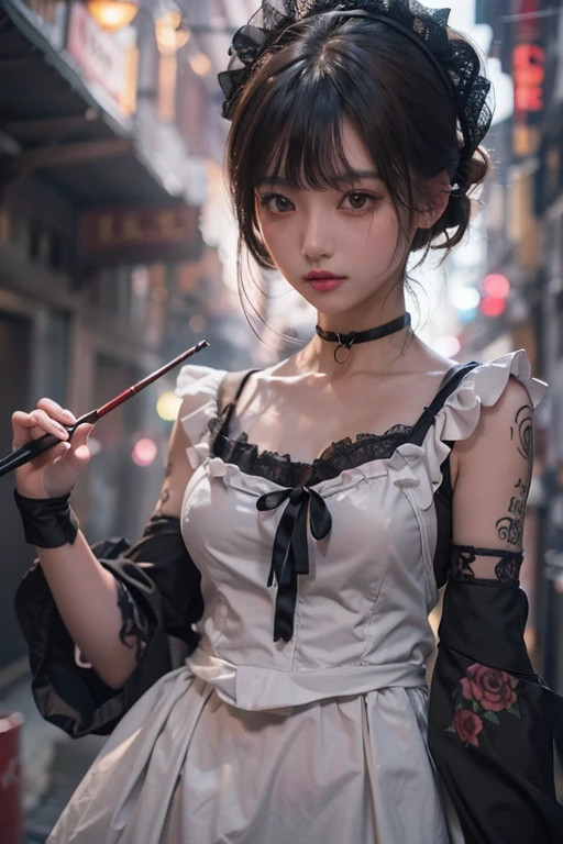 ((Upper Body))、((One Girl))、(20th Generation)、((Very Short Hair))、((Straight Bangs))、((Black-haired))、(Take in the view)、Gothic ta、((Black maid outfit))、(Eyepatch on left eye)、(Photorealistic:1.2)、In 8K、(High Quality Shadows)、Beautiful and delicate face、Beautiful and delicate eyes、Cute K-pop Idol、(The Face of Ulzan in Korea)、(Urzan-6500-v1.1:0.6)、Glow Eyes、Perfect body、Natural color reproduction、((Strong light))、Bright red lipstick、(choker)、((Brown eyes))、Shiny Hair、The description of Beautiful and delicate hair、(Shiny skin)、(night)、Japanese、(dark alley between buildings)、Street lamp、Shoulder Bare、Small red rose tattoo on the décolletage、Just one tattoo