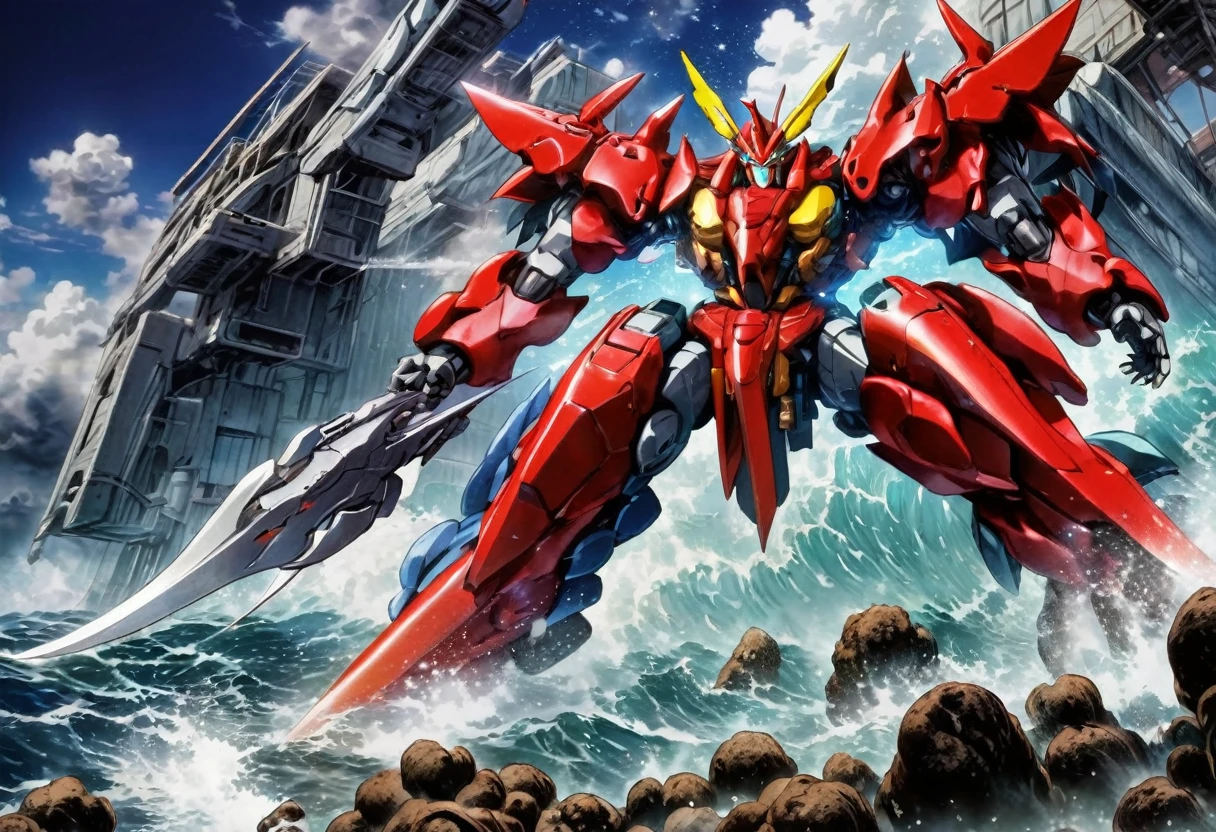 A steel giant weapon (Getter Robo) that fights an ancient giant squid in the raging sea