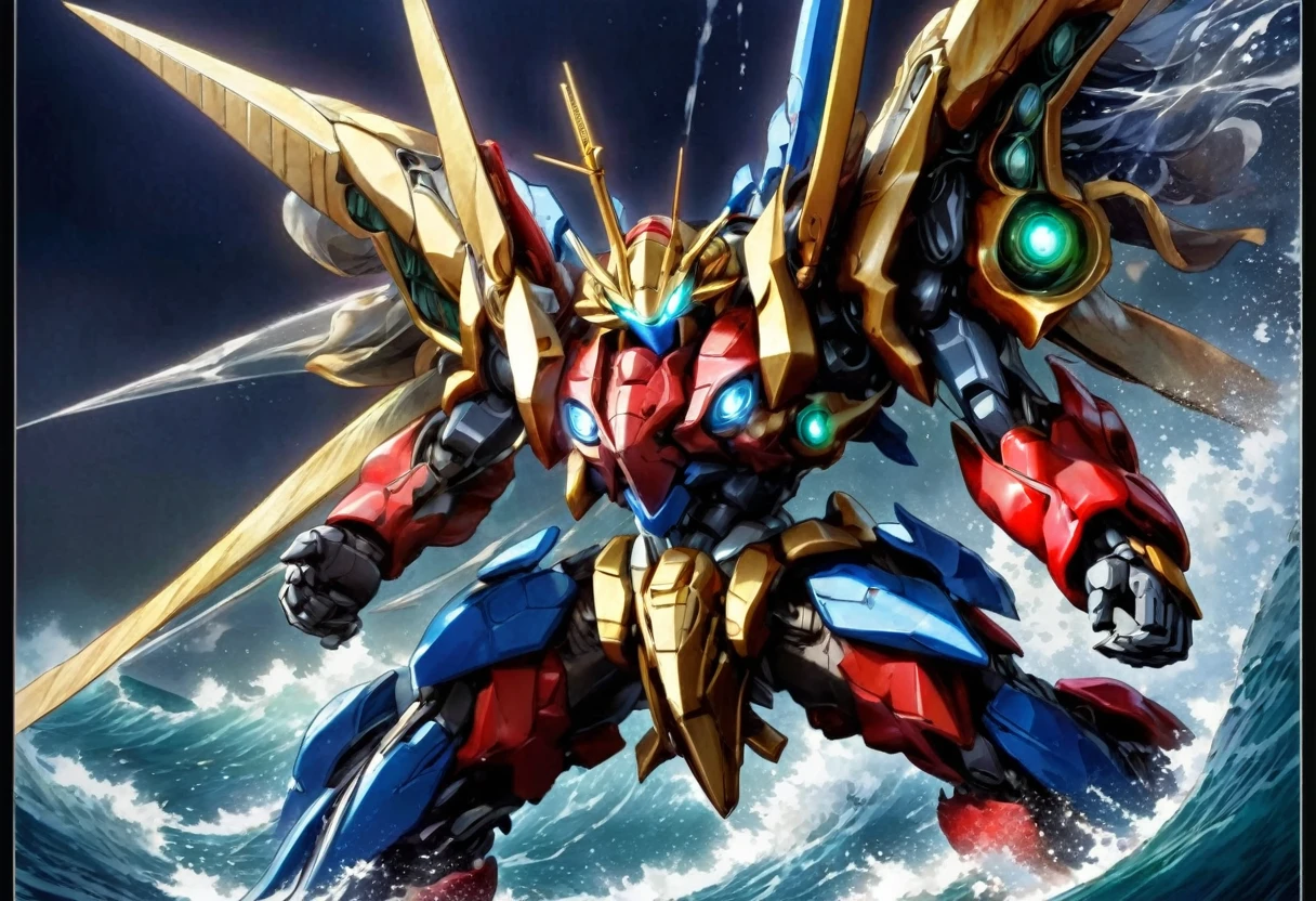 A steel giant weapon (Getter Robo) that fights an ancient giant squid in the raging sea