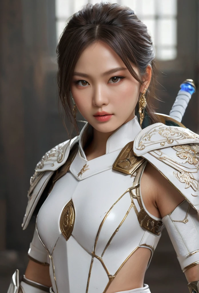 ((exceptional quality)), ((masterpiece)), ((true to reality)), Beautiful enchanted alluring Indonesian female mix from Japanese-Chinese-Indonesian of best traits, age 27, white bright skin, 36-24-36 body ratio, height 176 cm, perfect body, becomes a Japanese warrior, Wearing white leather armor, holding white light saber, detailed clothing, realistic skin texture, ((full body) ), (((Hands and feet are very detailed))), decoration, earrings, intricate details, super realistic, hyper detailed, skin texture, freckles, shiny skin, battle positions, in the background a Japanese battle, insane detail, sharp focus , volumeric lighting, good highlights, good shading, subsurface scattering, intricate, highly detailed, ((cinematic)), Dramatic, ((highest quality, Granted, masterpiece)), (photorealistic), (photography), (Realistic photo), Sony A7 IV, Natural light, 64k, highest definitions,