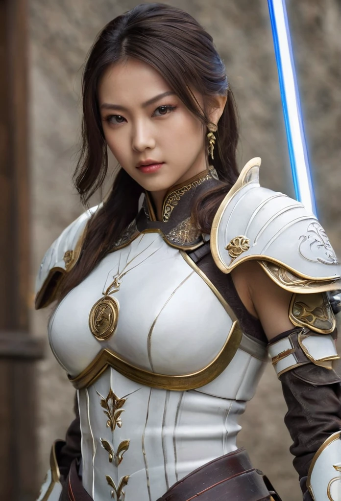 ((exceptional quality)), ((masterpiece)), ((true to reality)), Beautiful enchanted alluring Indonesian female mix from Japanese-Chinese-Indonesian of best traits, age 27, white bright skin, 36-24-36 body ratio, height 176 cm, perfect body, becomes a Japanese warrior, Wearing white leather armor, holding white light saber, detailed clothing, realistic skin texture, ((full body) ), (((Hands and feet are very detailed))), decoration, earrings, intricate details, super realistic, hyper detailed, skin texture, freckles, shiny skin, battle positions, in the background a Japanese battle, insane detail, sharp focus , volumeric lighting, good highlights, good shading, subsurface scattering, intricate, highly detailed, ((cinematic)), Dramatic, ((highest quality, Granted, masterpiece)), (photorealistic), (photography), (Realistic photo), Sony A7 IV, Natural light, 64k, highest definitions,