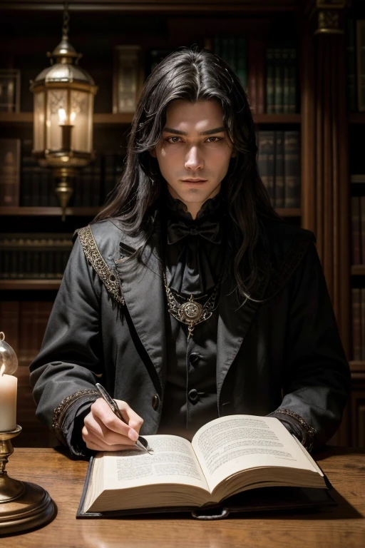 Imagine an enigmatic figure known as the Shadow Keeper. He is dressed in dark and elegant attire, reminiscent of Victorian fashion, with intricate silver details. His expression is serene and confident, exuding authority and wisdom, with well-kept gray hair and piercing eyes that seem to see beyond the visible.

The setting is an ancient and majestic library. Dark wood shelves, full of old books, dusty with time, surround the Guardian, creating a sense of depth and mystery. The lighting is soft and warm, with golden lights and deep shadows that create a dramatic and immersive contrast, highlighting the figure of the Guardian in the center of the scene.

In your hands, he holds an old open book, whose pages reveal mystical texts and diagrams, suggesting arcane and valuable knowledge. Around the Guardian, small details increase the atmosphere of mystery and erudition: ancient globes, bronze scientific instruments, and lit candles that cast a flickering light, reflecting in the environment in an almost ethereal way.

Ao fundo, a large pendulum clock keeps time silently, reinforcing the Guardian&#39;s sense of timelessness and connection to past and future eras. Elements such as scrolls, old maps and sparse crystals complement the scenery, adding layers of depth to the image.

The aura emanating from this scene must convey a combination of knowledge, mystery and positivity, showing the Shadow Keeper as a wise figure, trustworthy and benevolent. He&#39;s ready to guide viewers through the world&#39;s deepest and most fascinating secrets., bringing light to the shadows and promoting a journey of discovery and enlightenment. This image should capture the essence of a spiritual and intellectual mentor, whose presence inspires respect and curiosity, setting the stage for stories and revelations that transcend the ordinary.
