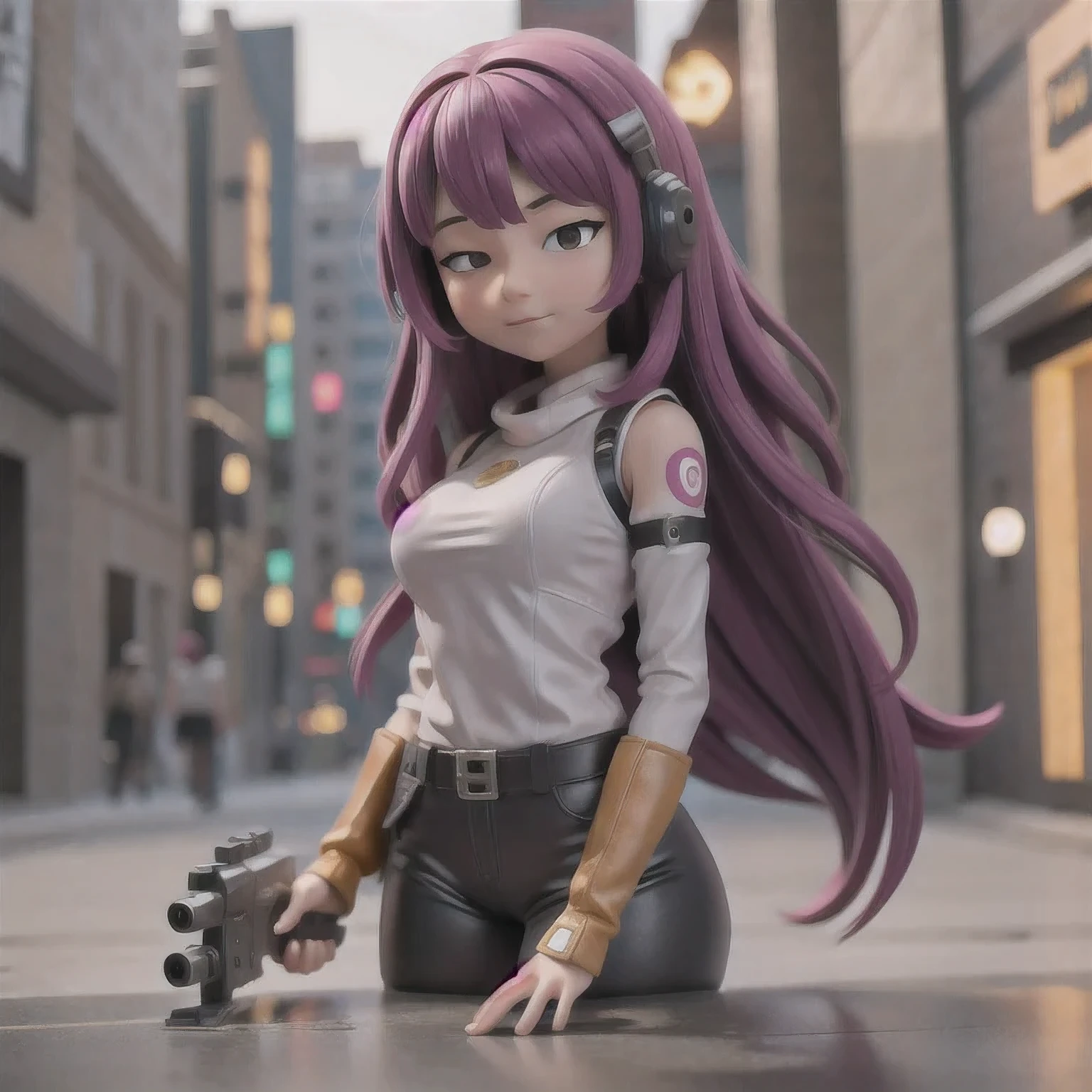 fish
1girl
bangs
blurry
blurry background
blurry foreground
breasts
brown eyes
closed mouth
depth of field
gun
long hair
looking at viewer
mecha
mole
motion blur
multicolored hair
pink hair
smile
solo
thigh strap