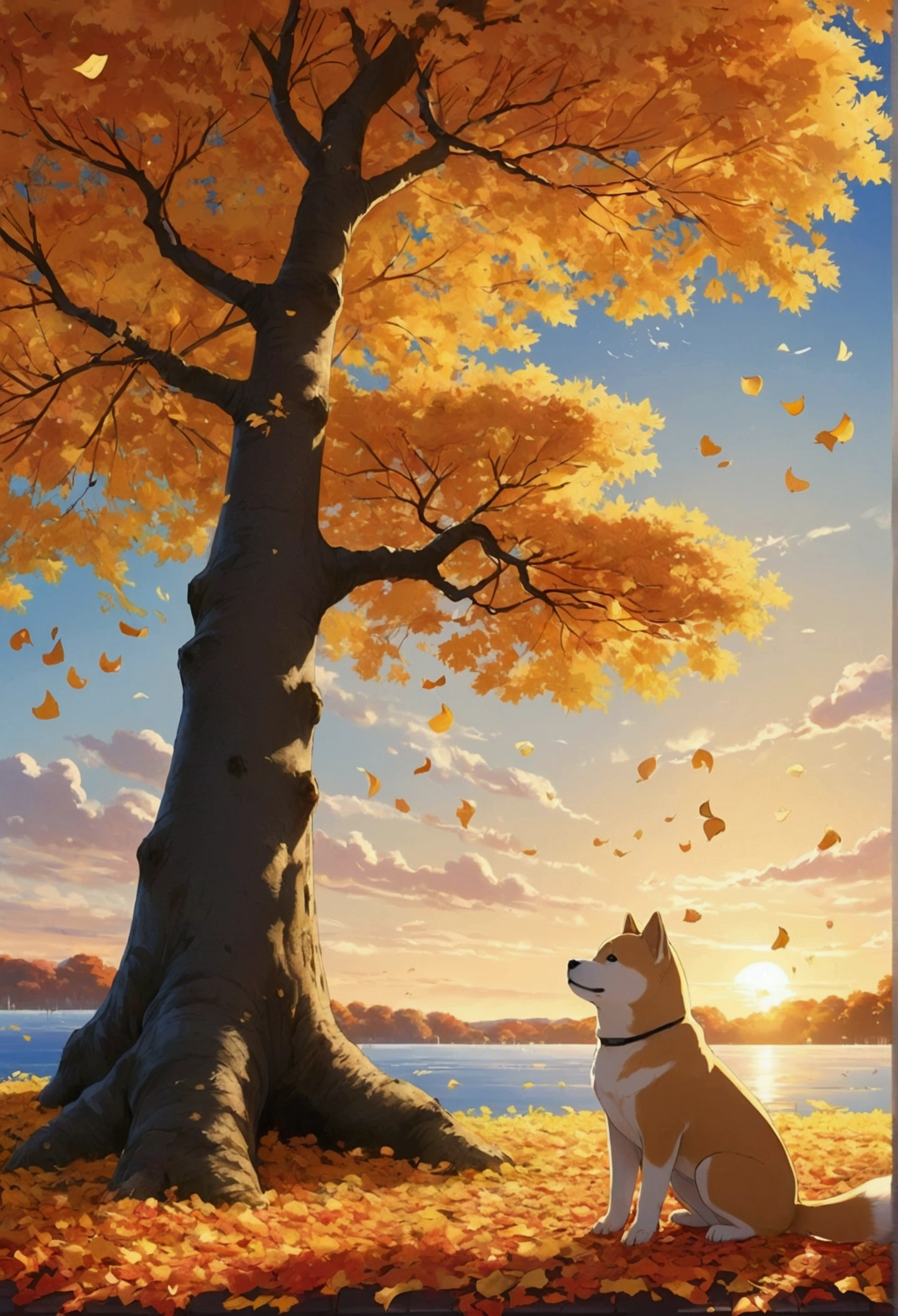 Makoto Shinkai Taste, Beautiful sunset sky, Shiba Inu puppy,Ginkgo tree in full bloom,Autumn leaves tree in full bloom,Scattered ginkgo leaves, Falling autumn leaves,Healing scenes, Wide angle、Anime taste