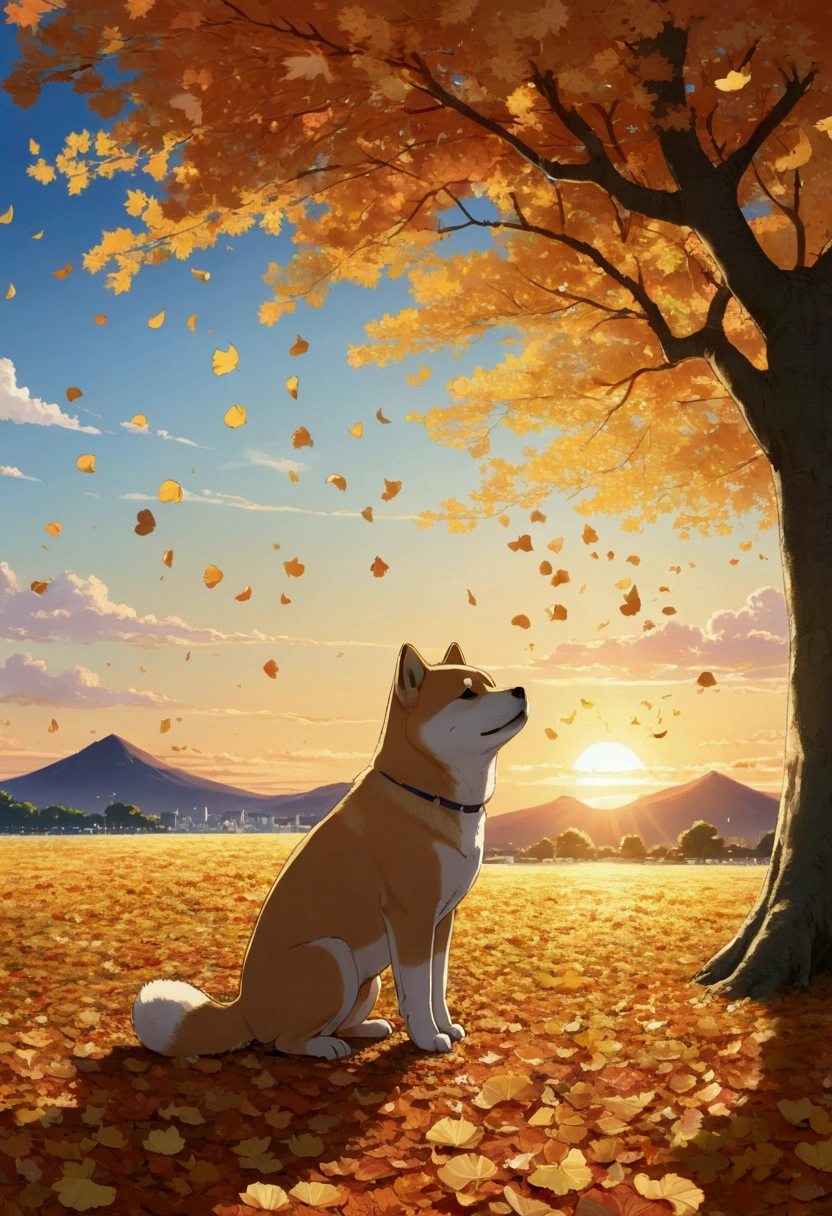 Makoto Shinkai Taste, Beautiful sunset sky, Shiba Inu puppy,Ginkgo tree in full bloom,Autumn leaves tree in full bloom,Scattered ginkgo leaves, Falling autumn leaves,Healing scenes, Wide angle、Anime taste