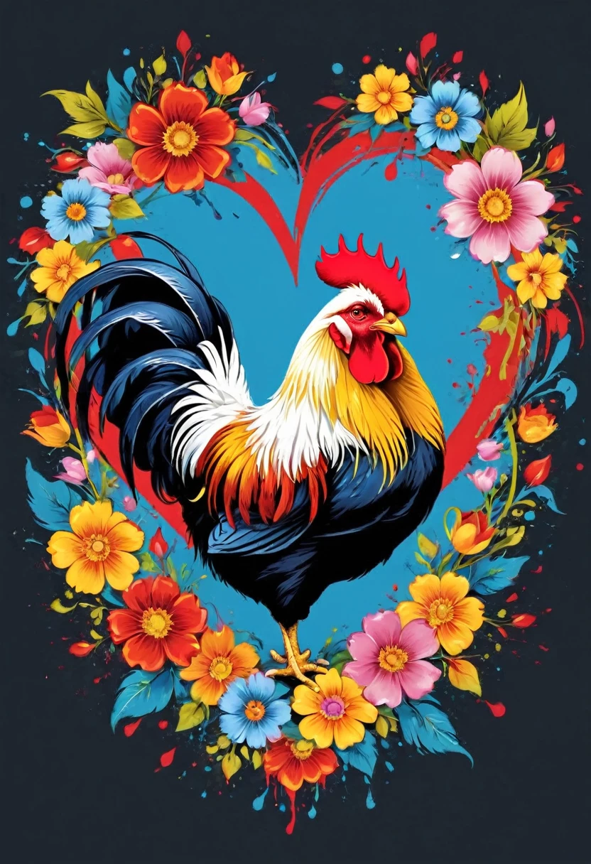 vector art heart with flowers, colorful illustration barcelos rooster in the center, Paint splashes and stains, high détail, t-shirt designs (work of art, best qualityer, proffesional, perfect composition, very aesthetic, absurdrez, super verbose, details Intricate: 1.3