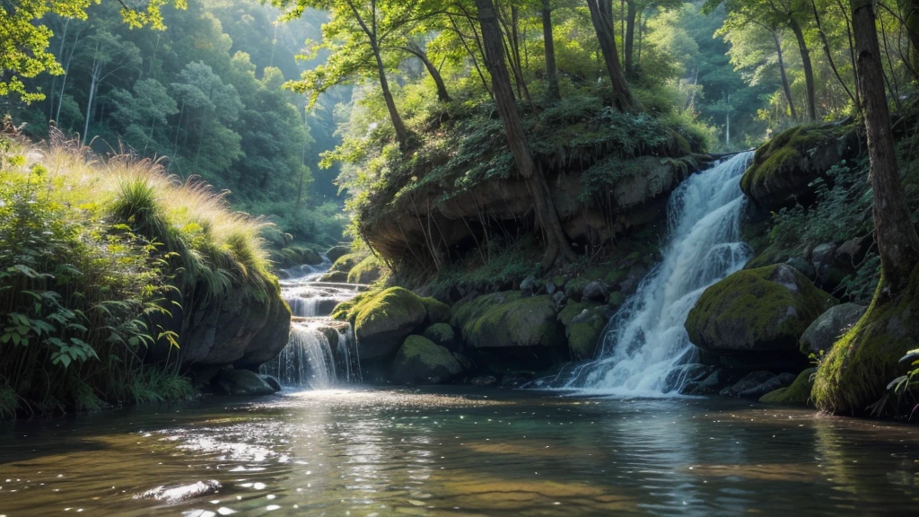 stunning natural landscape. The scene should include a lush forest with tall, leafy trees, a crystal clear river meandering through the middle, and majestic mountains in the background. Sunlight should gently penetrate the leaves, creating a magical effect of sun rays. Add details like colorful flowers, a small waterfall and wild animals, like birds and deer, To bring the scene to life. The sky should be clear with some soft clouds, reflecting in the river waters. The color palette should be vibrant and rich, highlighting the beauty and serenity of nature.