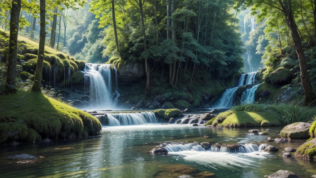 stunning natural landscape. The scene should include a lush forest with tall, leafy trees, a crystal clear river meandering through the middle, and majestic mountains in the background. Sunlight should gently penetrate the leaves, creating a magical effect of sun rays. Add details like colorful flowers, a small waterfall and wild animals, like birds and deer, To bring the scene to life. The sky should be clear with some soft clouds, reflecting in the river waters. The color palette should be vibrant and rich, highlighting the beauty and serenity of nature.