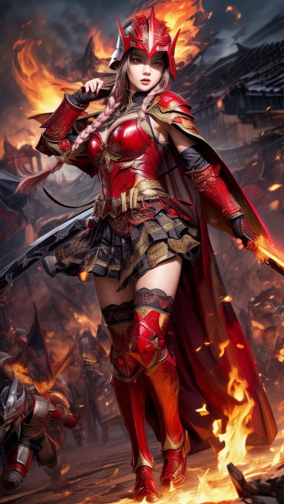 Very beautiful woman、Slender women、(Detailed face)、Realistic Skin、((Knight of Fire)), (((Red Armor:1.25)))、((((A black armor with extremely detailed and intricate decoration.))))、((Delicate photo))，(Girl Astepeace RAW Photo Details:1.25), (Highest quality:1.6), (Ultra-high resolution:1.5), (Realistic:1.75), 8K resolution, Canon EOS R5, 50mm, Absurd, Super detailed,Cinema Lighting,Battlefields of Medieval Europe、((Fight))、RPG World、Final Fantasy、(((Decorative skirt)))、Thigh-high socks、Shingard、night、Pink Hair、((Bangs are too long))、((Long, thick pink braids))、Get a six pack、Torn Cloak、Beautiful Armor、(((Giant Sword)))、In combat、The wind is blowing、(((Flames covering the area)))、(((Leading a large group of red knights)))、(((Knight Commander)))、Armor with a phoenix motif、((flames of fire))、(((Battle Scenes)))、((Browsing Caution:1.2))、(((Put on a helmet)))