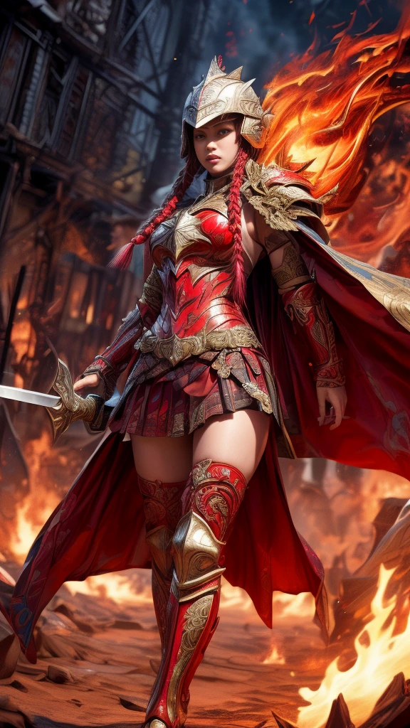 Very beautiful woman、Slender women、(Detailed face)、Realistic Skin、((Knight of Fire)), (((Red Armor:1.25)))、((((A black armor with extremely detailed and intricate decoration.))))、((Delicate photo))，(Girl Astepeace RAW Photo Details:1.25), (Highest quality:1.6), (Ultra-high resolution:1.5), (Realistic:1.75), 8K resolution, Canon EOS R5, 50mm, Absurd, Super detailed,Cinema Lighting,Battlefields of Medieval Europe、((Fight))、RPG World、Final Fantasy、(((Decorative skirt)))、Thigh-high socks、Shingard、night、Pink Hair、((Bangs are too long))、((Long, thick pink braids))、Get a six pack、Torn Cloak、Beautiful Armor、(((Giant Sword)))、In combat、The wind is blowing、(((Flames covering the area)))、(((Leading a large group of red knights)))、(((Knight Commander)))、Armor with a phoenix motif、((flames of fire))、(((Battle Scenes)))、((Browsing Caution:1.2))、(((Put on a helmet)))