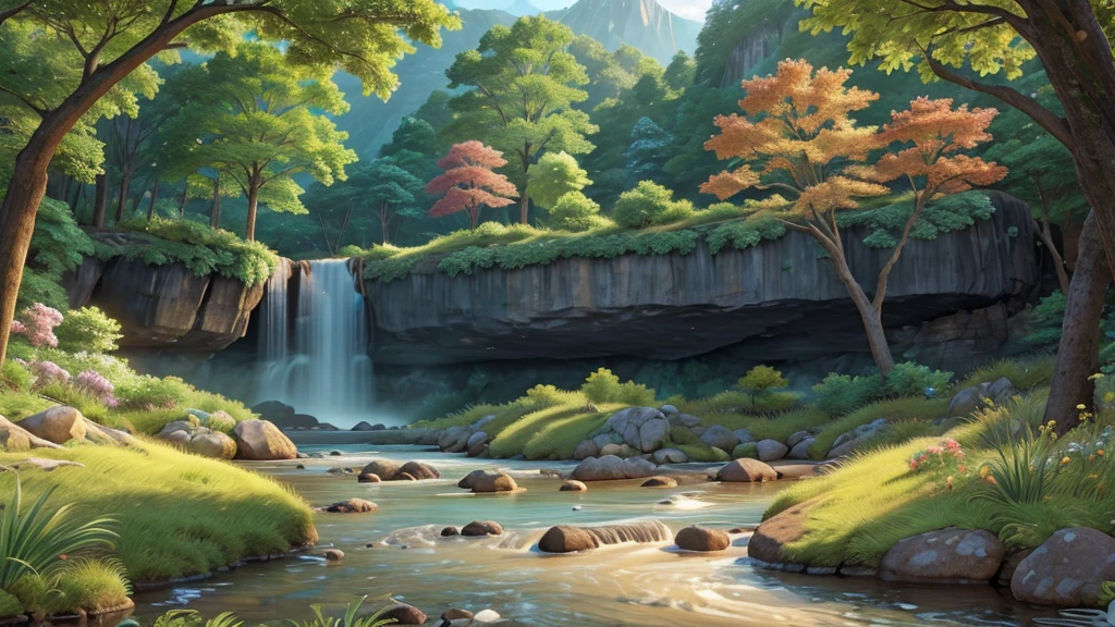 stunning natural landscape. The scene should include a lush forest with tall, leafy trees, a crystal clear river meandering through the middle, and majestic mountains in the background. Sunlight should gently penetrate the leaves, creating a magical effect of sun rays. Add details like colorful flowers, a small waterfall and wild animals, like birds and deer, To bring the scene to life. The sky should be clear with some soft clouds, reflecting in the river waters. The color palette should be vibrant and rich, highlighting the beauty and serenity of nature.