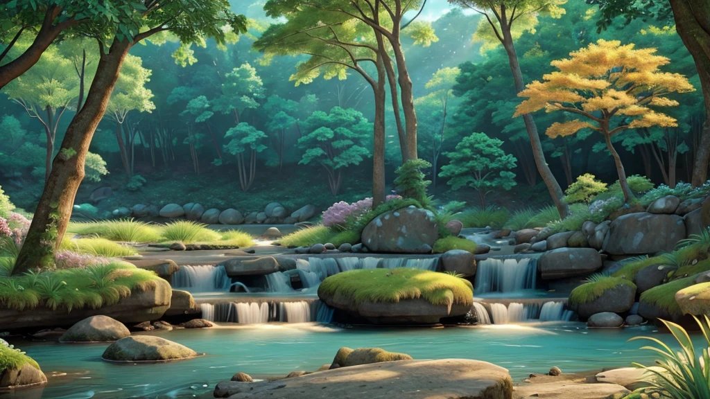 stunning natural landscape. The scene should include a lush forest with tall, leafy trees, a crystal clear river meandering through the middle, and majestic mountains in the background. Sunlight should gently penetrate the leaves, creating a magical effect of sun rays. Add details like colorful flowers, a small waterfall and wild animals, like birds and deer, To bring the scene to life. The sky should be clear with some soft clouds, reflecting in the river waters. The color palette should be vibrant and rich, highlighting the beauty and serenity of nature.

