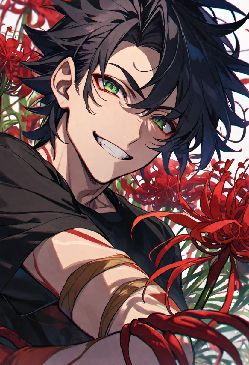 Solo, 1 male, messy black hair, green eyes, black shirt, smile facial, red spider lily, higanbana,