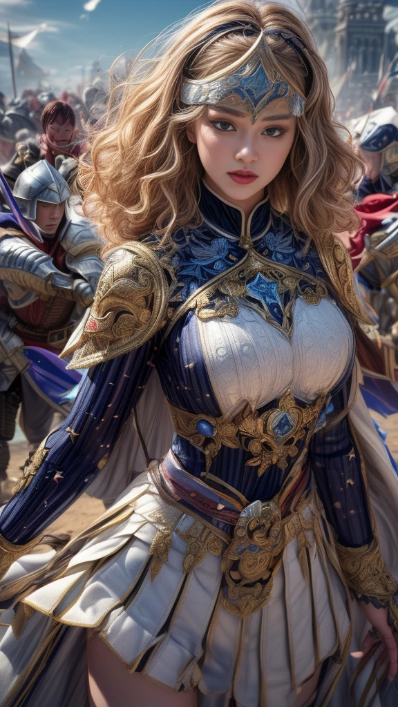 Very beautiful woman、Slender women、(Detailed face)、Realistic Skin、((Holy Knight)), ((Pearl White Armor))、((((A black armor with extremely detailed and intricate decoration.:1.1))))、((Delicate photo))，(Girl Astepeace RAW Photo Details:1.25), (Highest quality:1.6), (Ultra-high resolution:1.5), (Realistic:1.75), 8K resolution, Canon EOS R5, 50mm, Absurd, Super detailed,Cinema Lighting,((Fightfield))、((Fight))、(((White skirt with embellishments)))、Thigh-high socks、Shingard、((blonde))、((Curly Hair))、((Drill Hair))、((Short hair with bangs and wavy hair,))、Get a six pack、Cape、Beautiful Armor、(((Has a huge weapon)))、(In combat)、The wind is blowing、((Symmetrical armor))、((((Blizzard))))、(((Lead a large group of knights:1.2)))、banner、(((Battle Scenes)))、((Browsing Caution:1.2))、(((Forehead protector)))