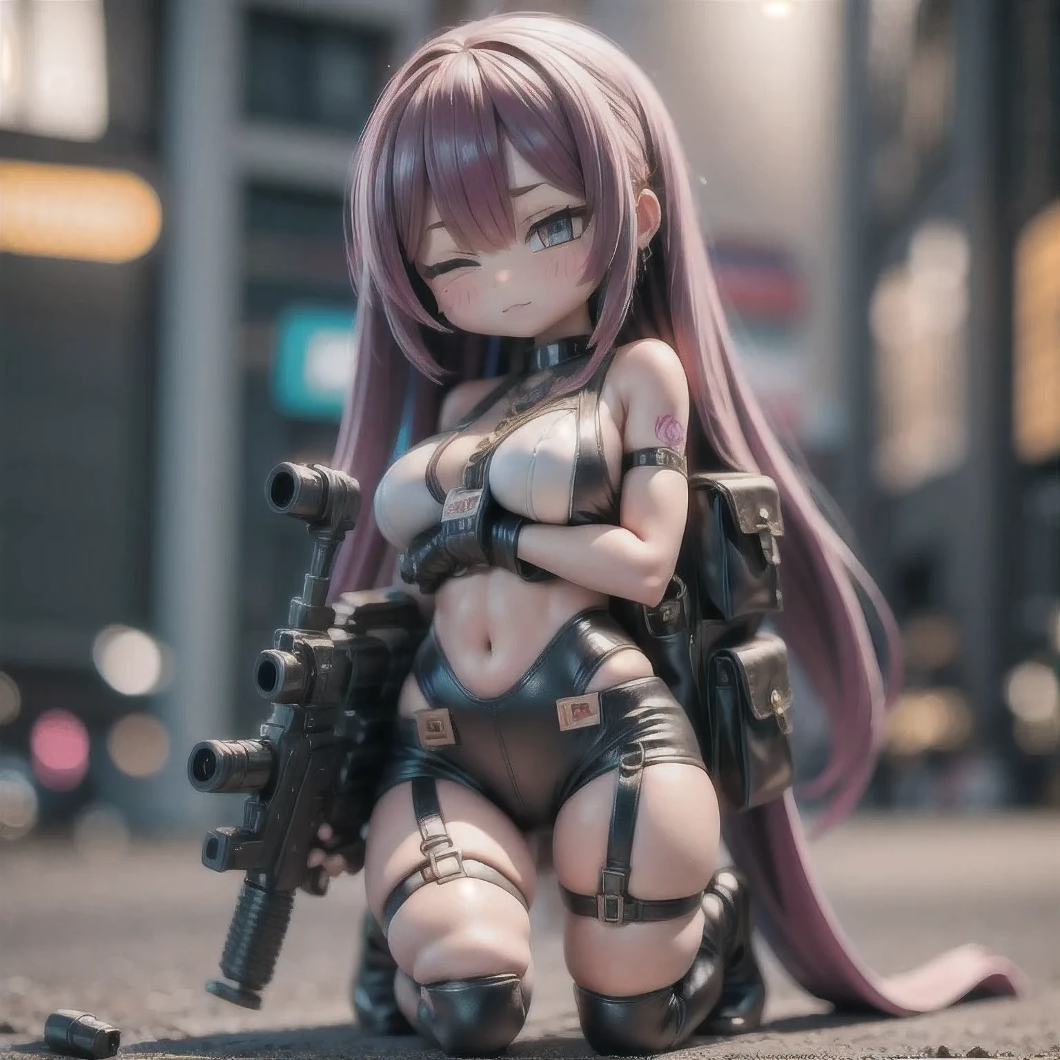 fish
1girl
bangs
blurry
blurry background
blurry foreground
breasts
brown eyes
closed mouth
depth of field
gun
long hair
looking at viewer
mecha
mole
motion blur
multicolored hair
pink hair
smile
solo
thigh strap