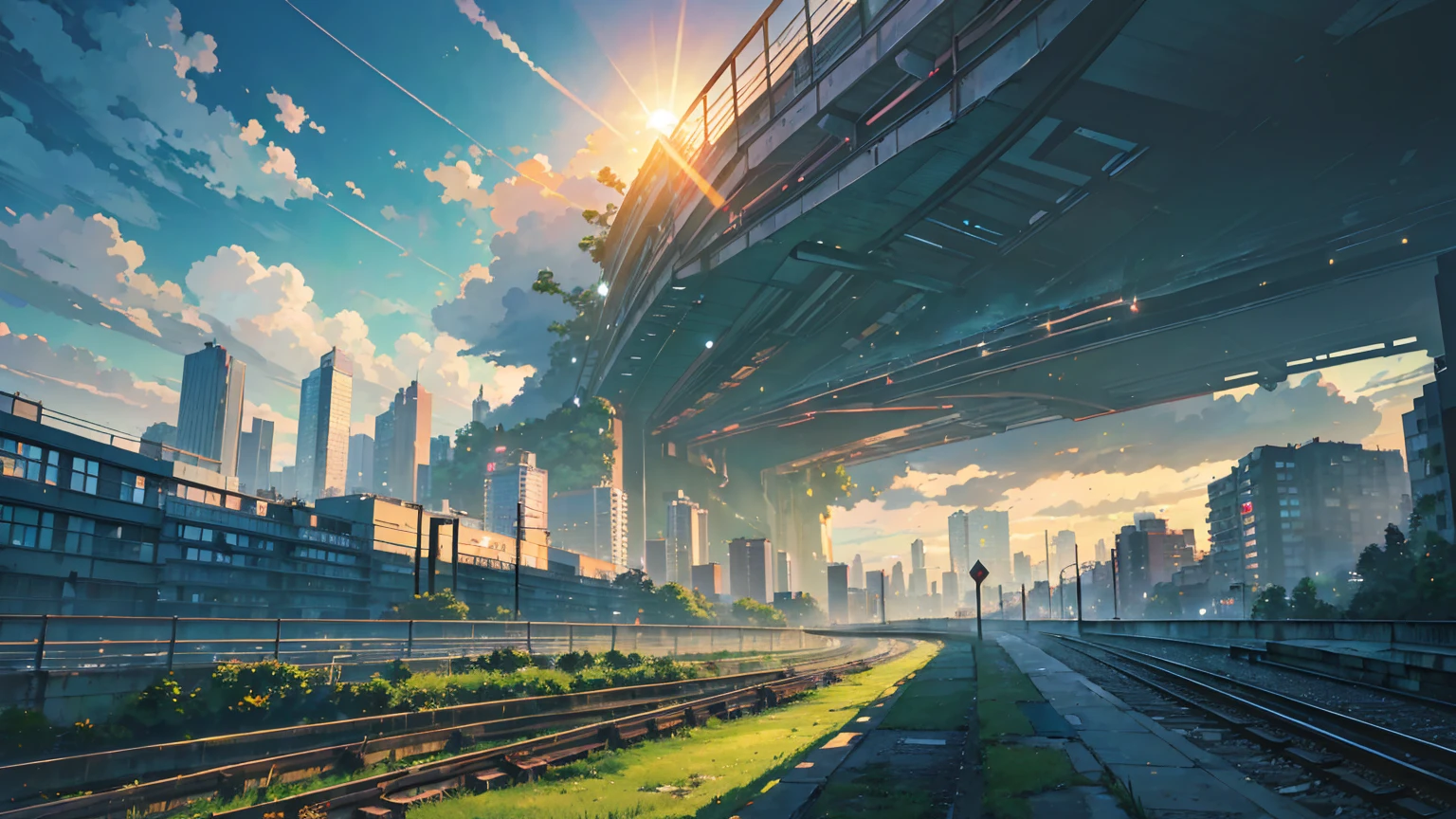 (masterpiece, highest quality:1.2), highest quality, masterpiece, high resolution, anime style, Urban landscape, ultra detailed, landscape illustration, realistic, beautiful cumulonimbus clouds, wide open sky, summer sky, verdant sky, ambiguous boundaries, morning glow, ((Contemporary landscape, Trains running, Buildings in the background, skyscraper)), not a single person, no human, brilliant morning sun, Sunlight leaking through gaps in buildings, The dazzling sun is in the distance